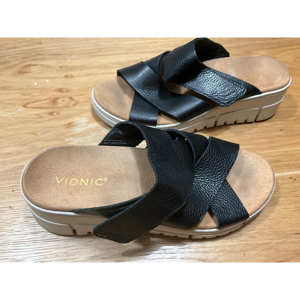 Vionic Uptown Sunset Black Leather Platform Slide Sandals Womens 9 Orthotic